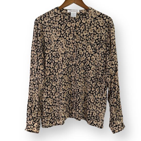 Vintage Jones New York Womens Size 6 Silk Blouse Black Gold Floral Long Sleeve - Picture 1 of 8